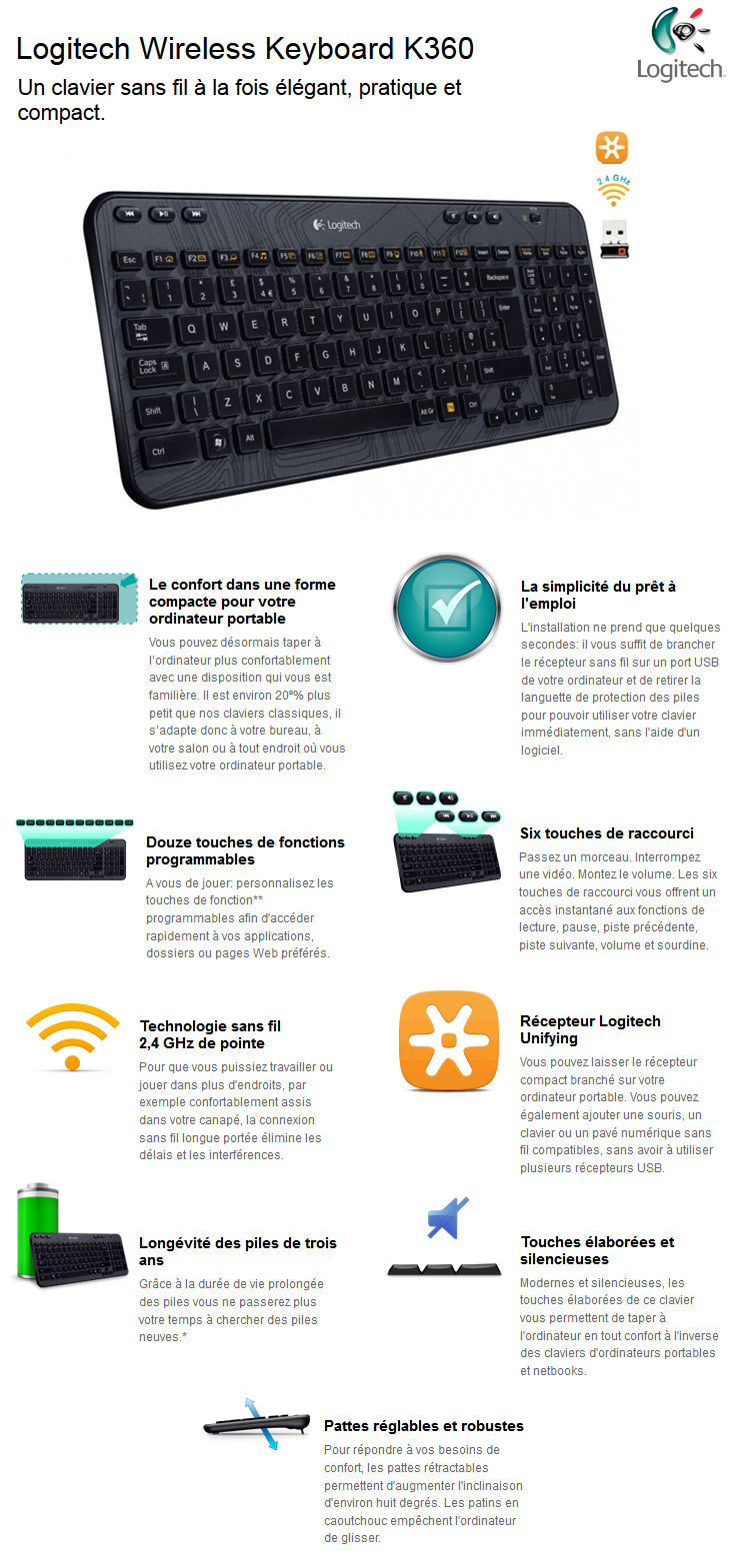 Acheter Logitech Wireless Keyboard K360 maroc